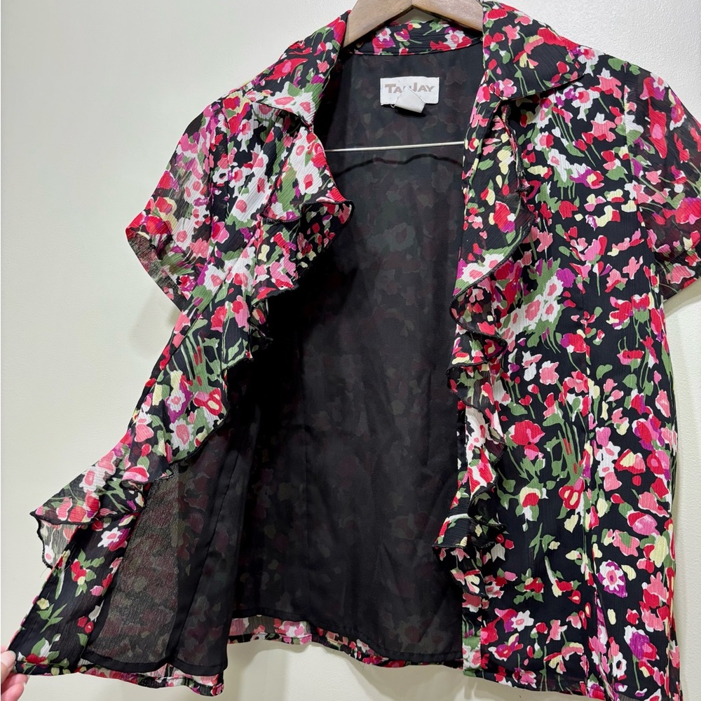 TanJay Petites Floral Ruffle Open Front Short Sleeve Cardigan Blouse Top 6P - Picture 3 of 8